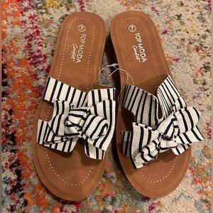 TOP Moda Women's Black and White Striped Bow Sandals